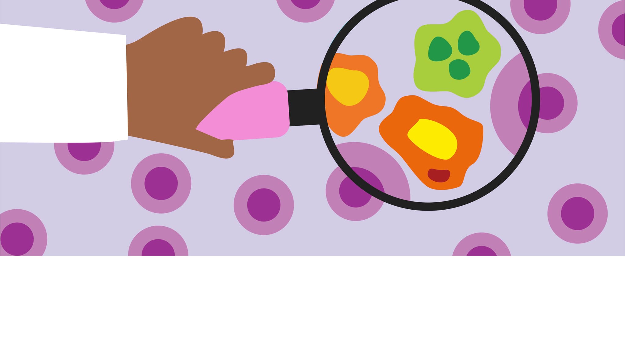 A hand holding a magnifying glass looking at cells.